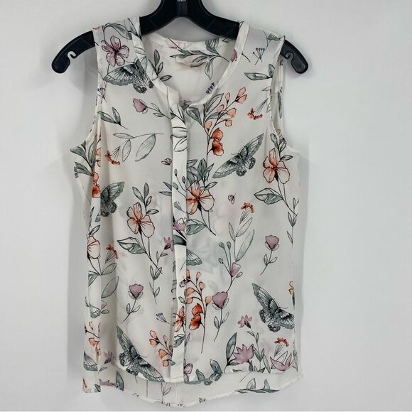 C&E Women’s Round Neck Sleeveless Button Front Floral Sheer Blouse size S - Picture 1 of 3